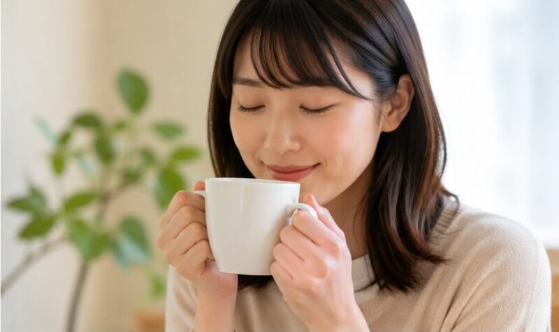 自宅でインスタントコーヒーを楽しむ日本人女性
